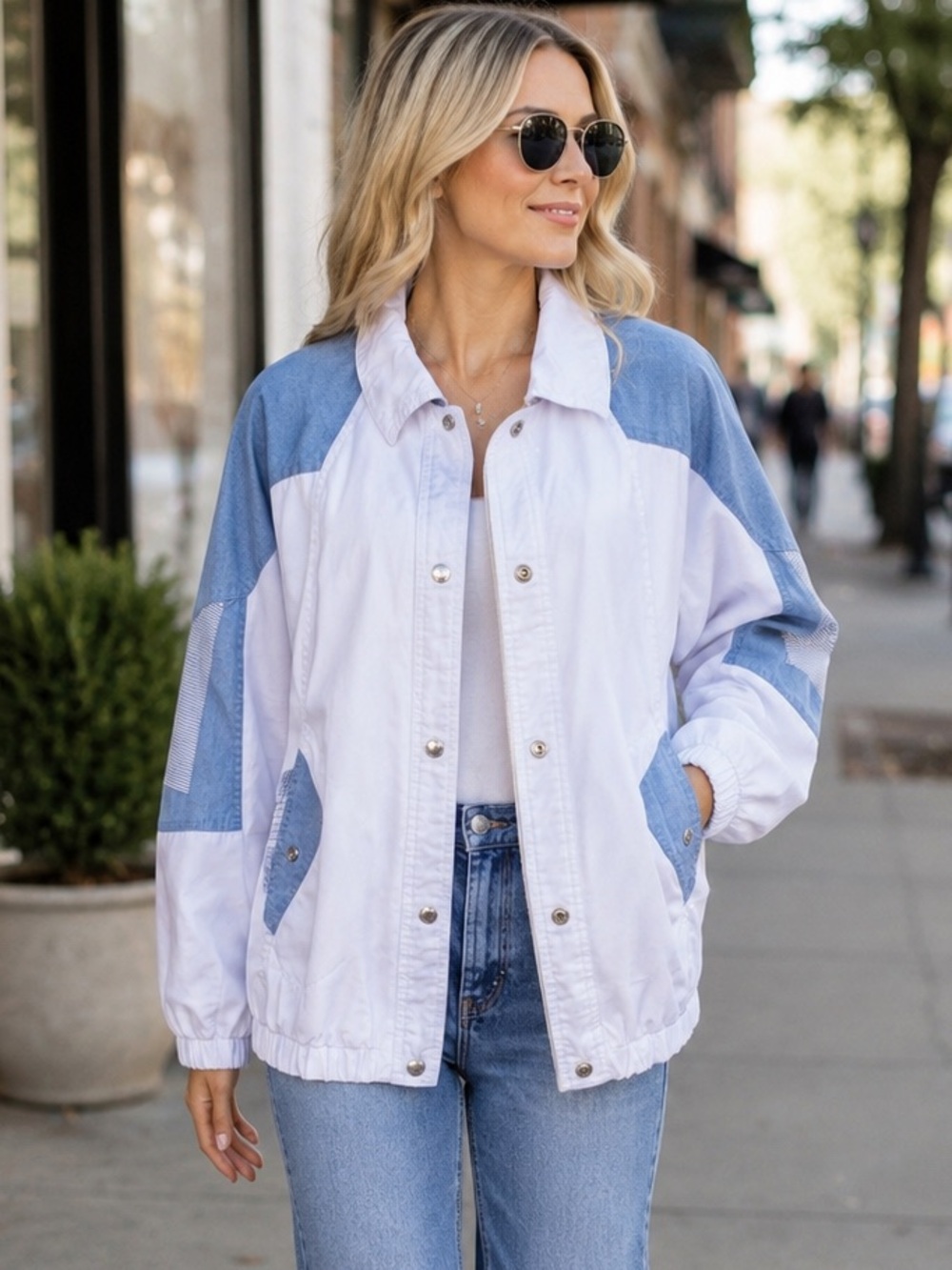 Vintage 1980s Current Seen Colorblock Windbreaker Jacket Oversized L Blue White